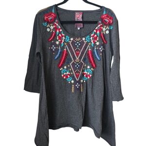 Johnny Was Embroidered Tunic Top Small Gray with Multicolor Accents